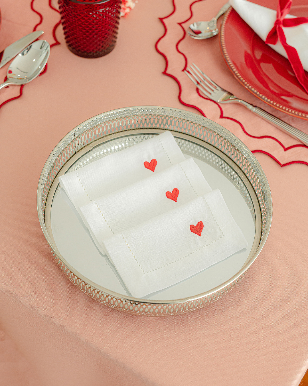 Hemstitch Cocktail Napkin with Red Heart