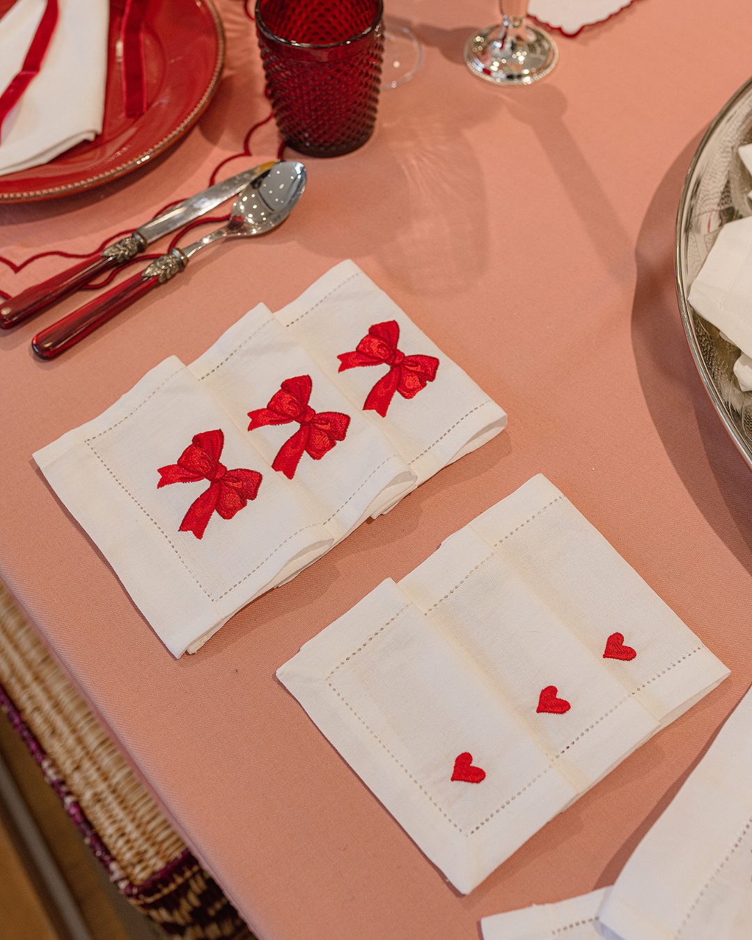 Hemstitch Cocktail Napkin with Red Heart