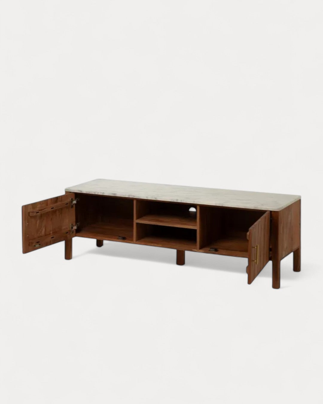 Maori TV stand in acacia wood and marble, 141 x 41 x 45 cm