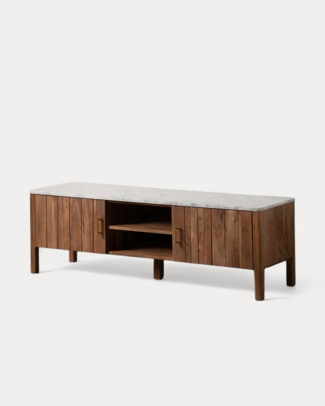 Maori TV stand in acacia wood and marble, 141 x 41 x 45 cm