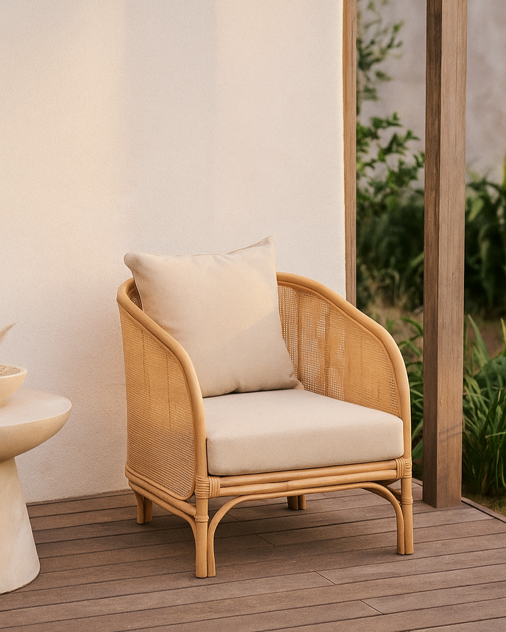 Poltrona Menorca em rattan natural com almofadas cruas, 68 x 68 x 76 cm