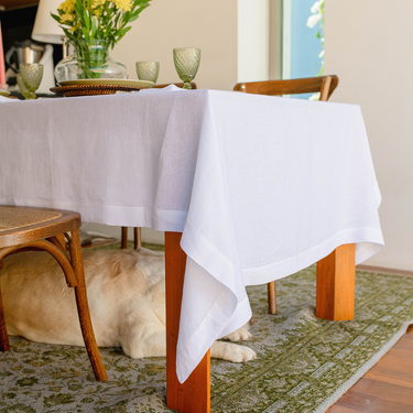 Nappe en lin/coton avec point ouvert blanche