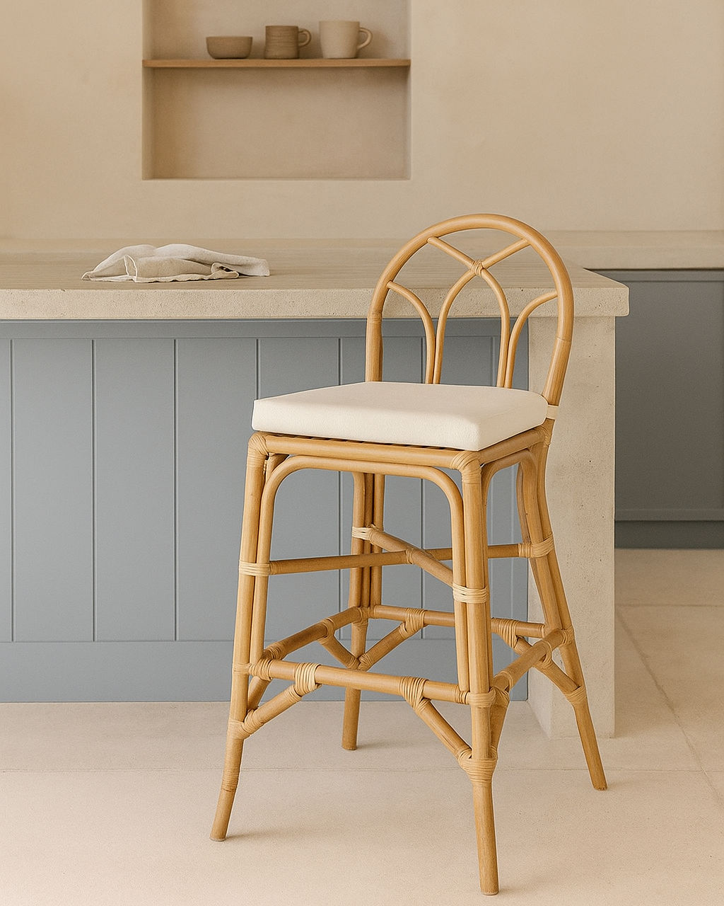 Banco alto Ravello em rattan com encosto arredondo, 50x58x110 cm