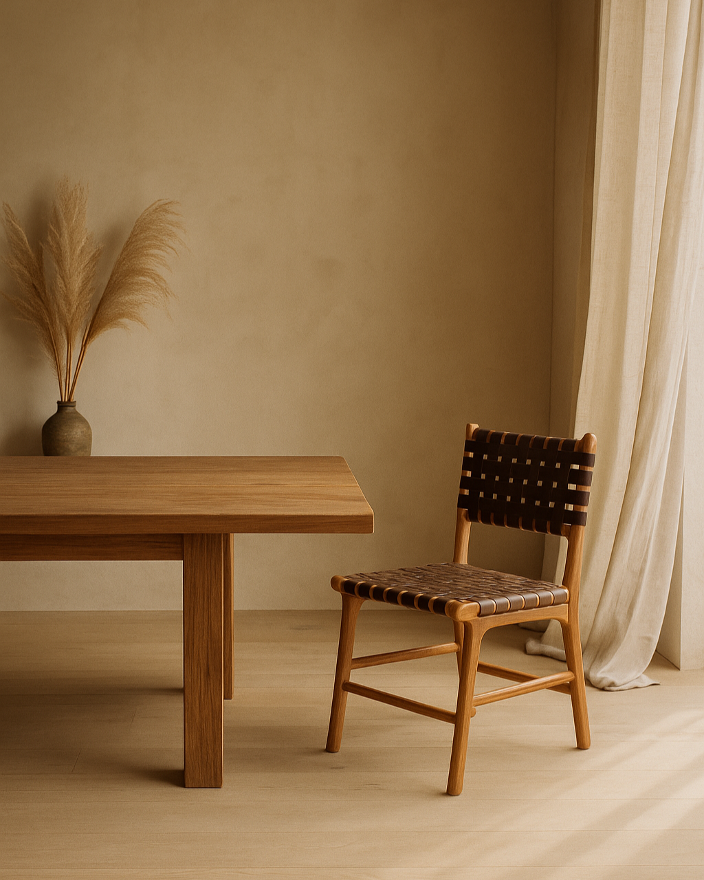 Porto chair in teak wood and brown leather, 56 x 48 x 80 cm