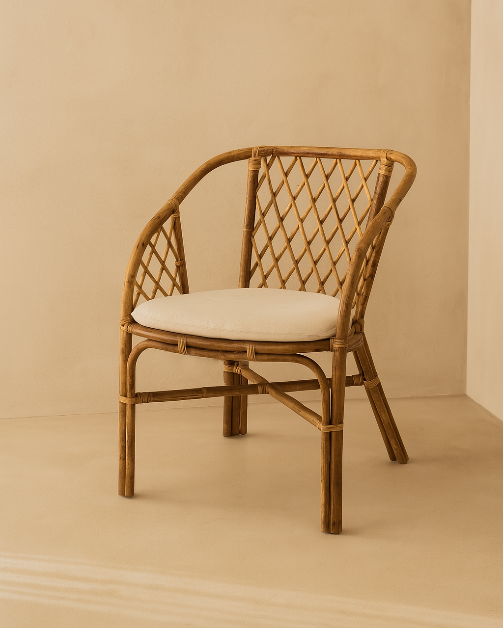 Silla Anzio con estructura de ratán con cojín de lona blanca