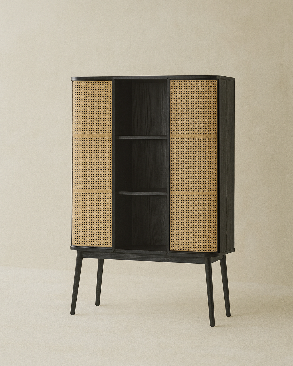 Buffet Marnó en bois massif naturel noir, 90×38×157 cm