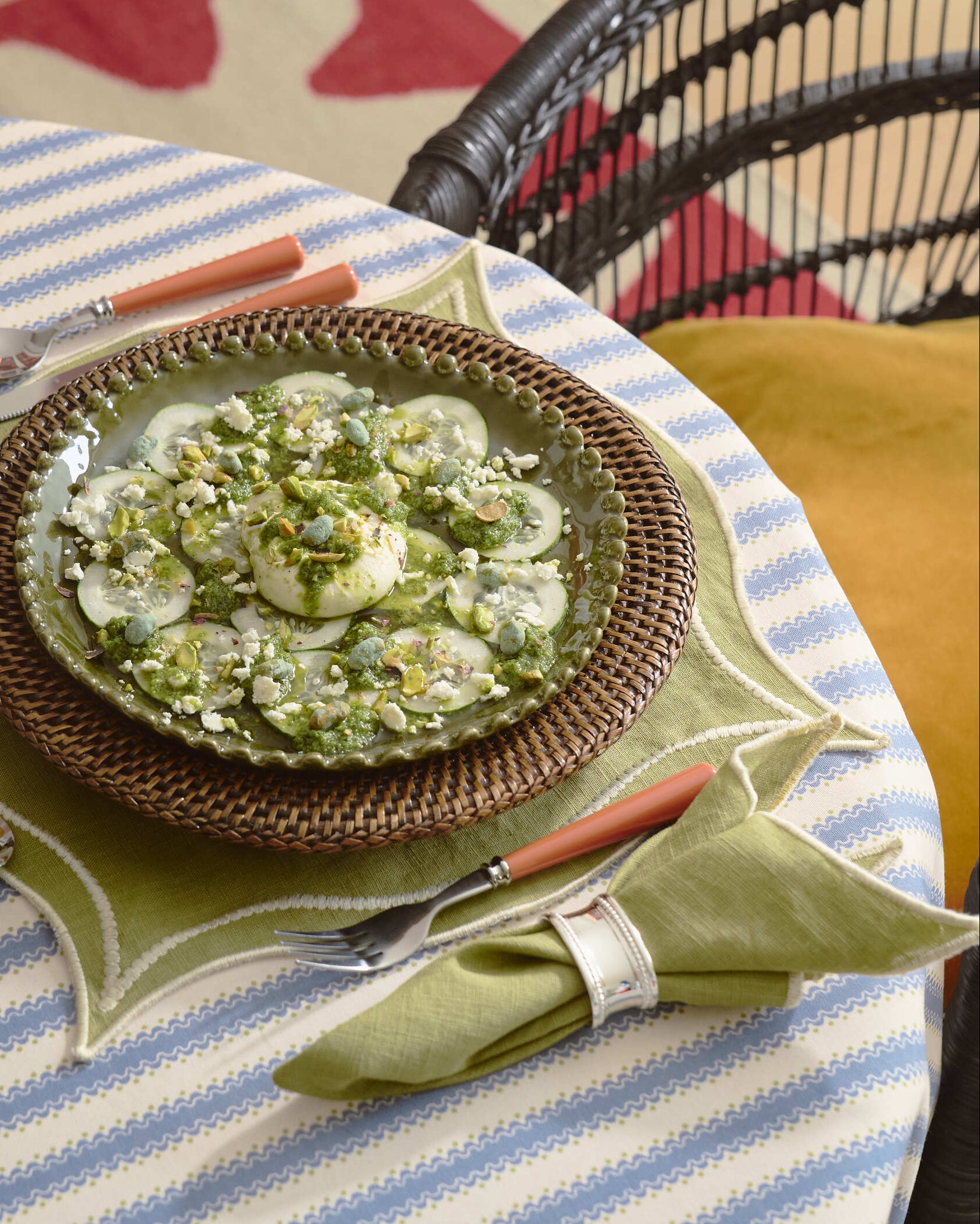 Leme Green Napkin with Off-white