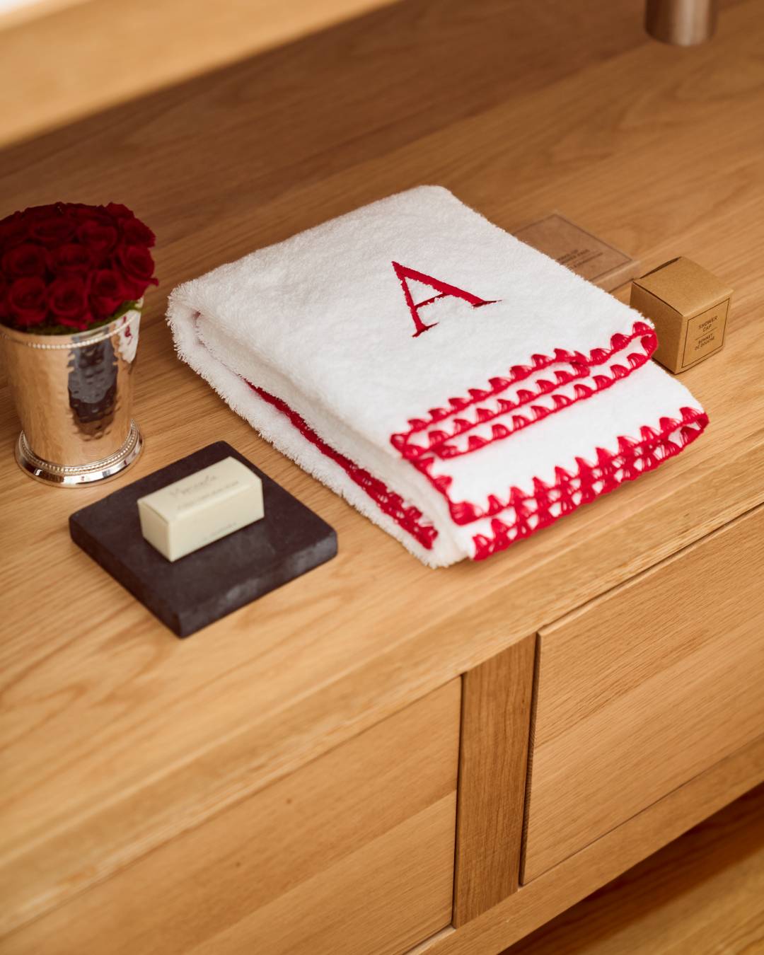 Personalized White and Red Shell Bath Towel 