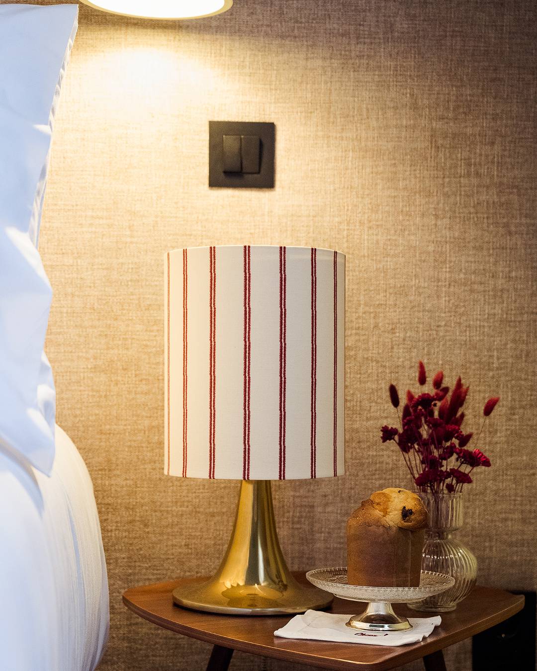 Burano Table Lamp, Gold with Burgundy Stripes