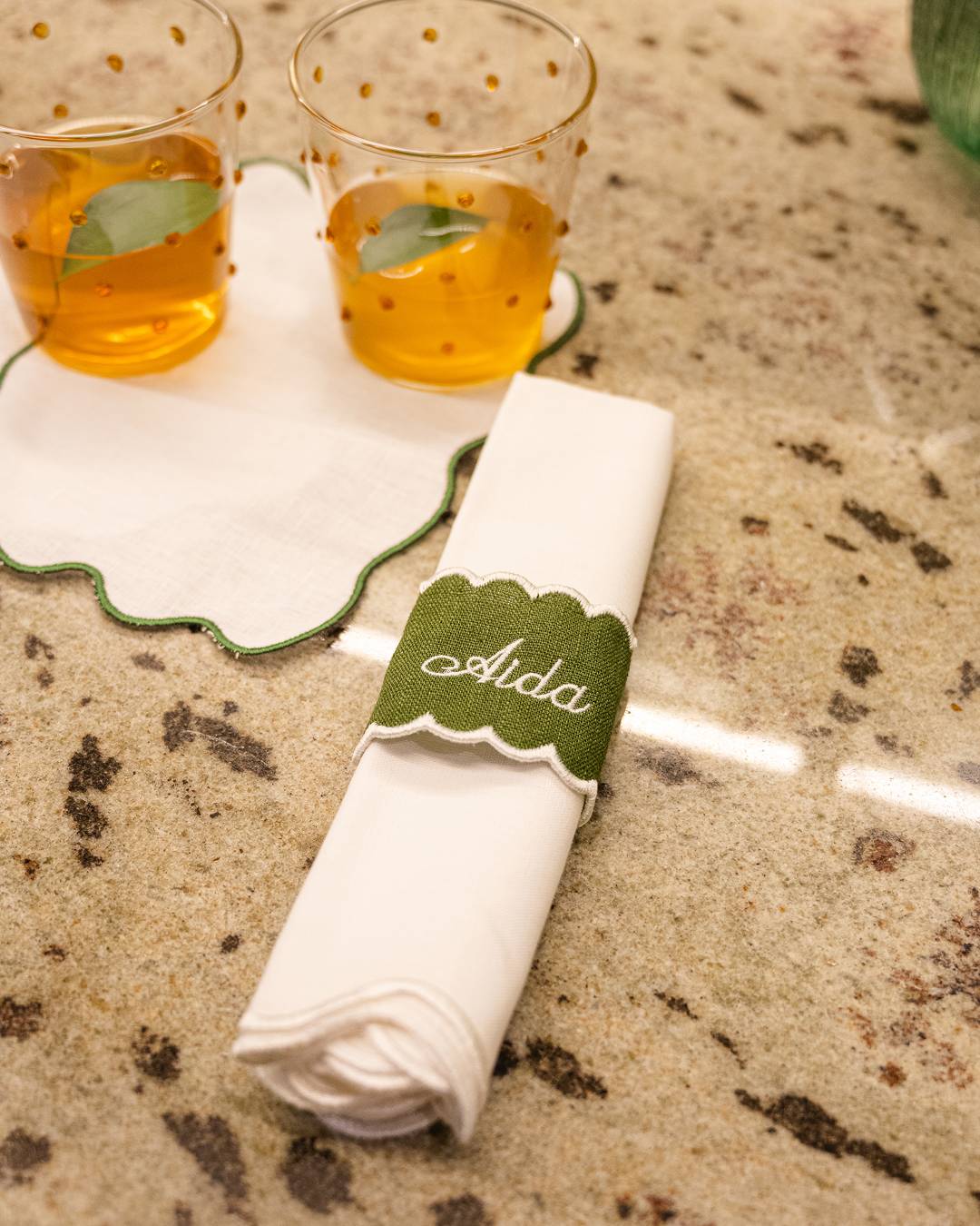 Personalized Green and White Linen Napkin Ring