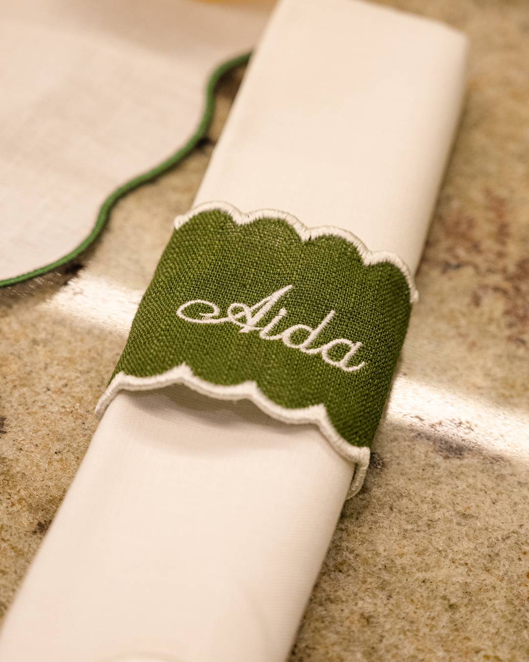 Personalized Green and White Linen Napkin Ring