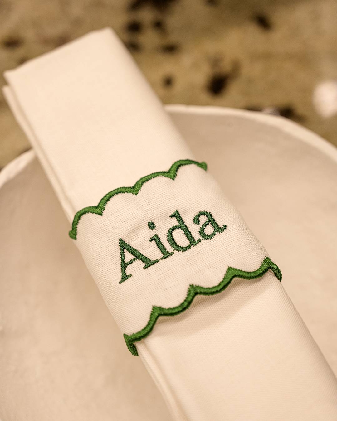 Personalized White and Green Linen Napkin Ring