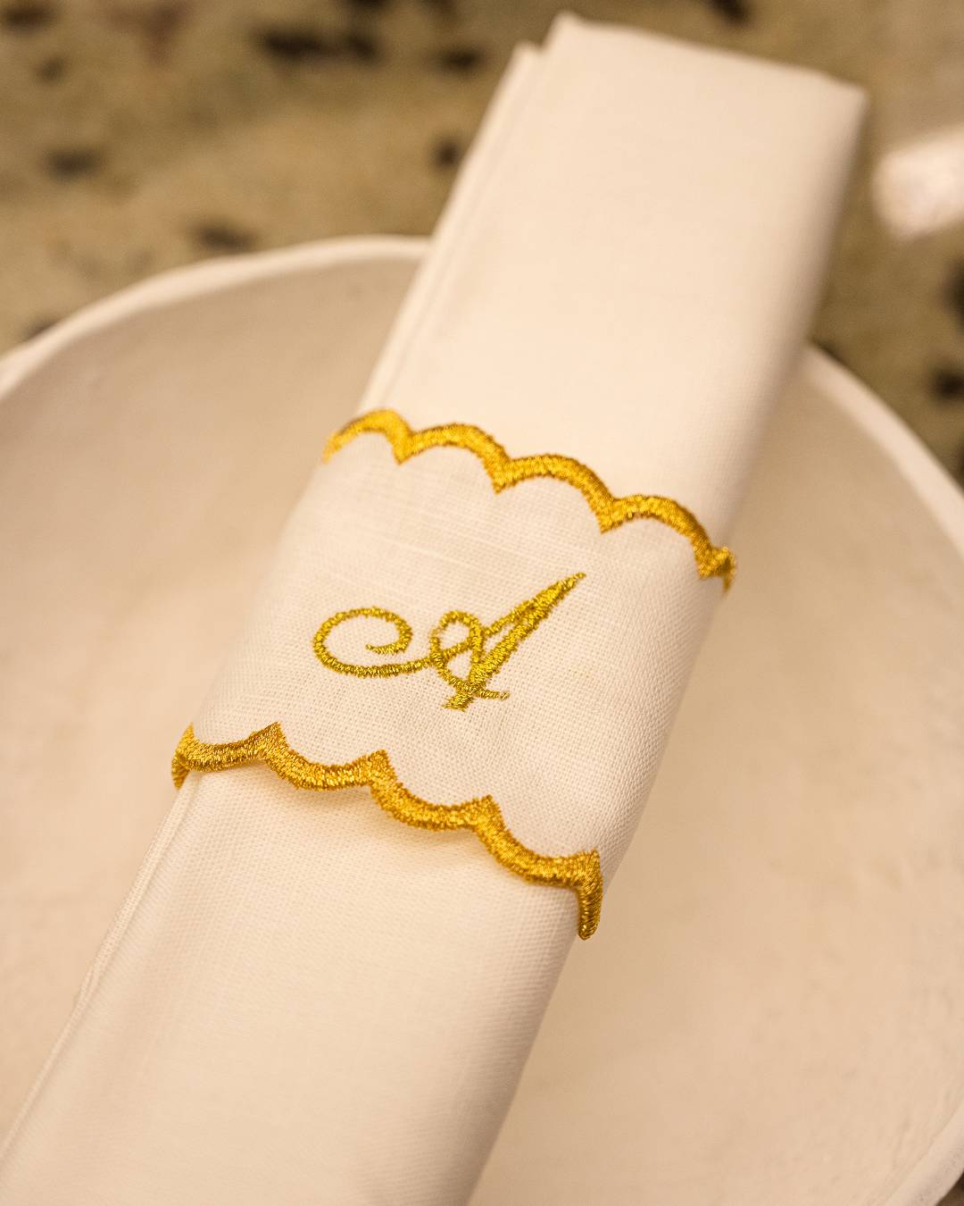 Personalized White and Gold Linen Napkin Ring