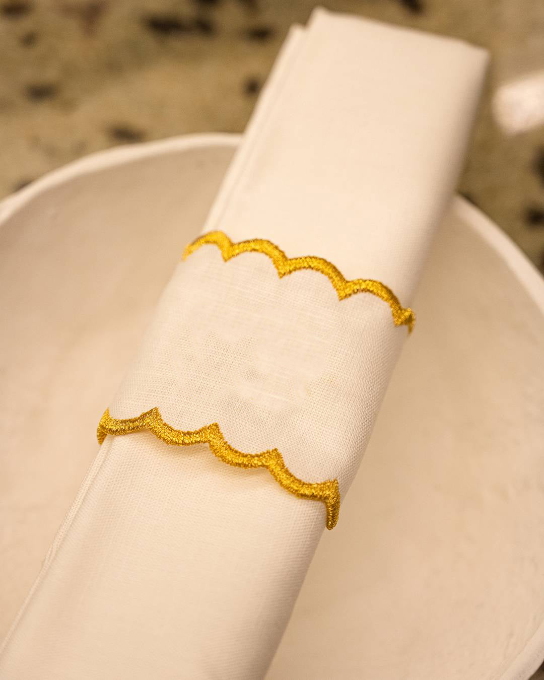 White Napkin Ring with Gold in Linen