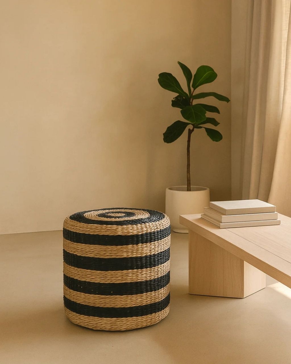 Sgabello Mali in Rattan Nero e Naturale