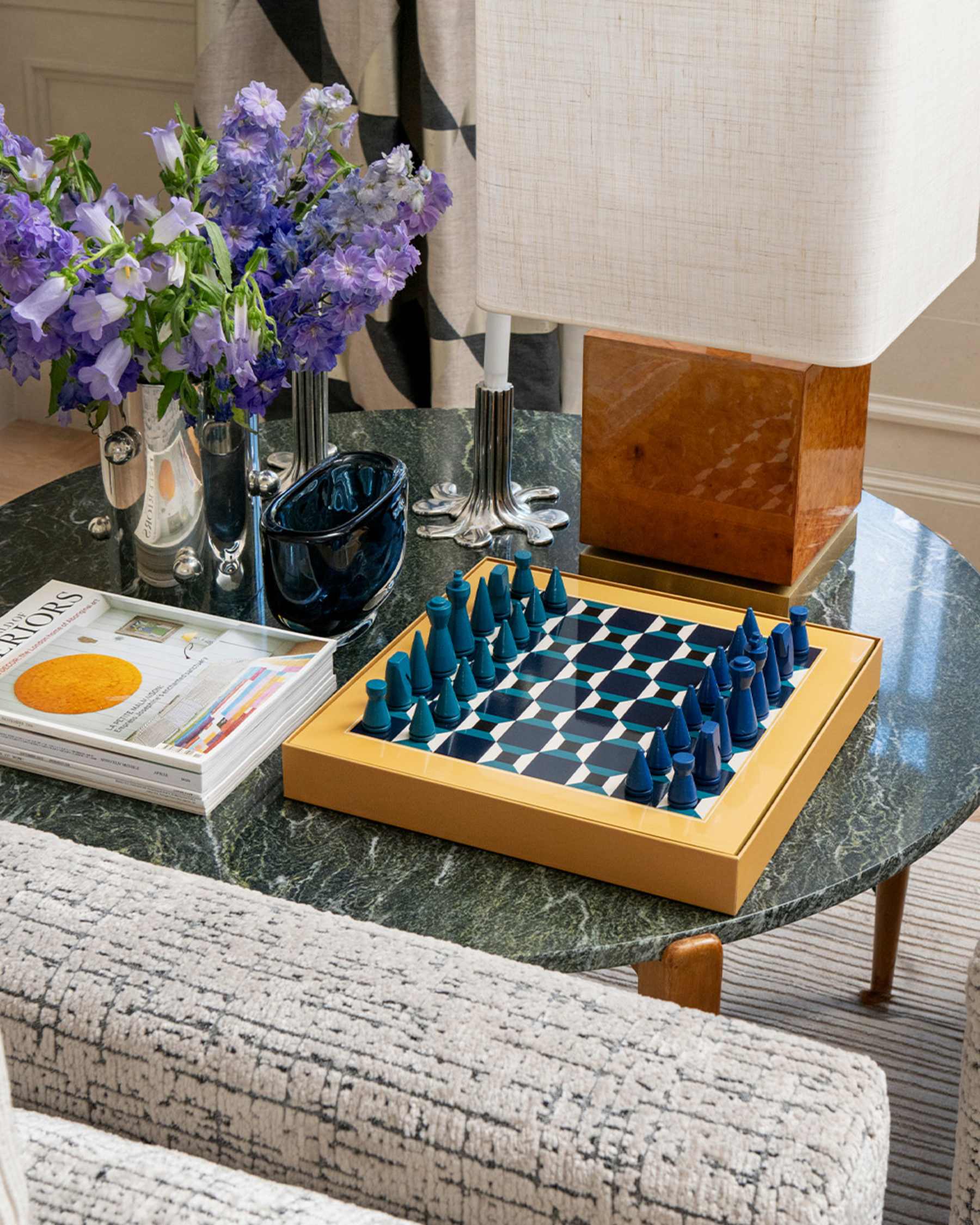 Jogo de Xadrez Classic, Com Padrão Elegante em Azul, Preto e Branco