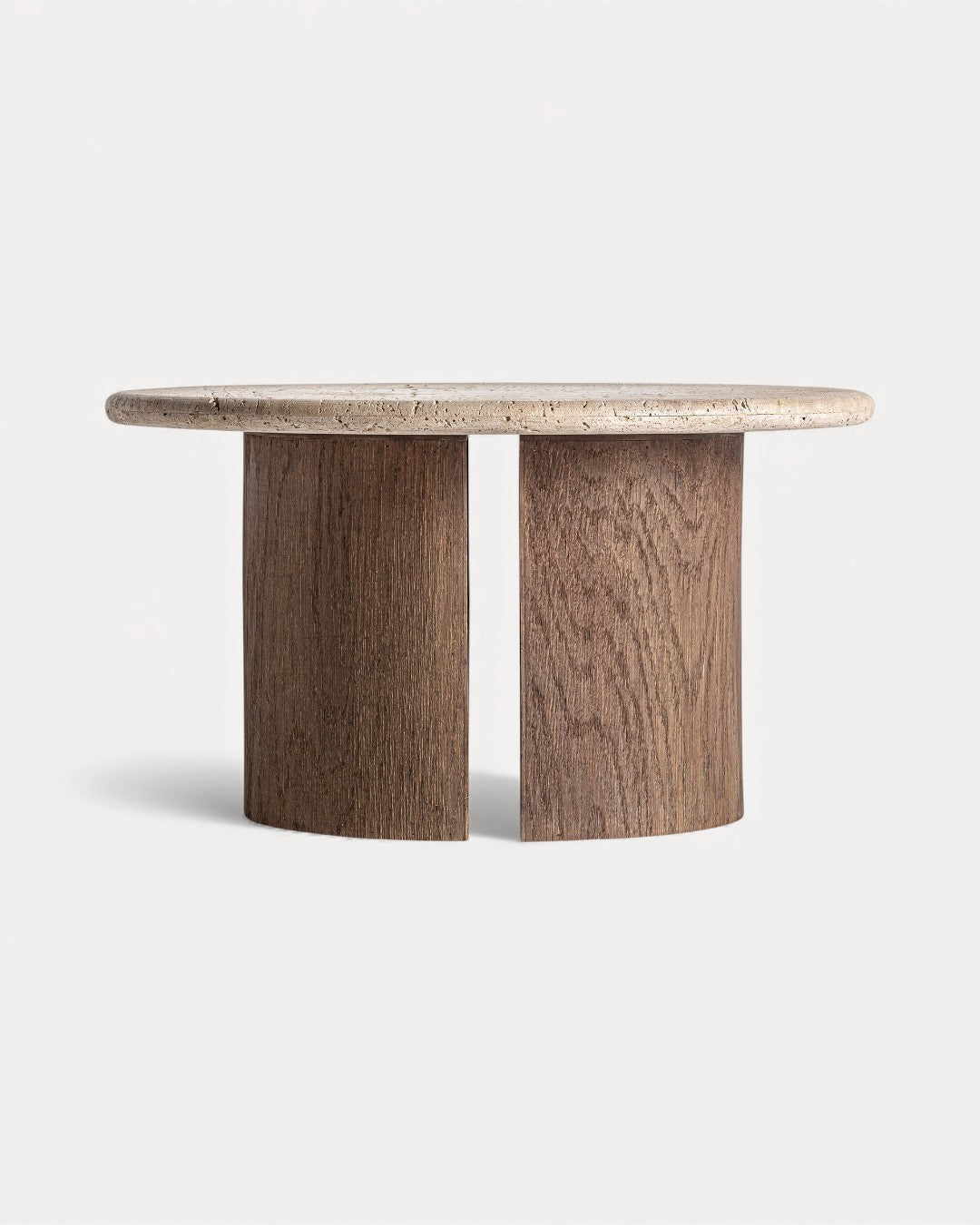 Tavolino Ordit in legno naturale e pietra travertino crema, Ø80 cm