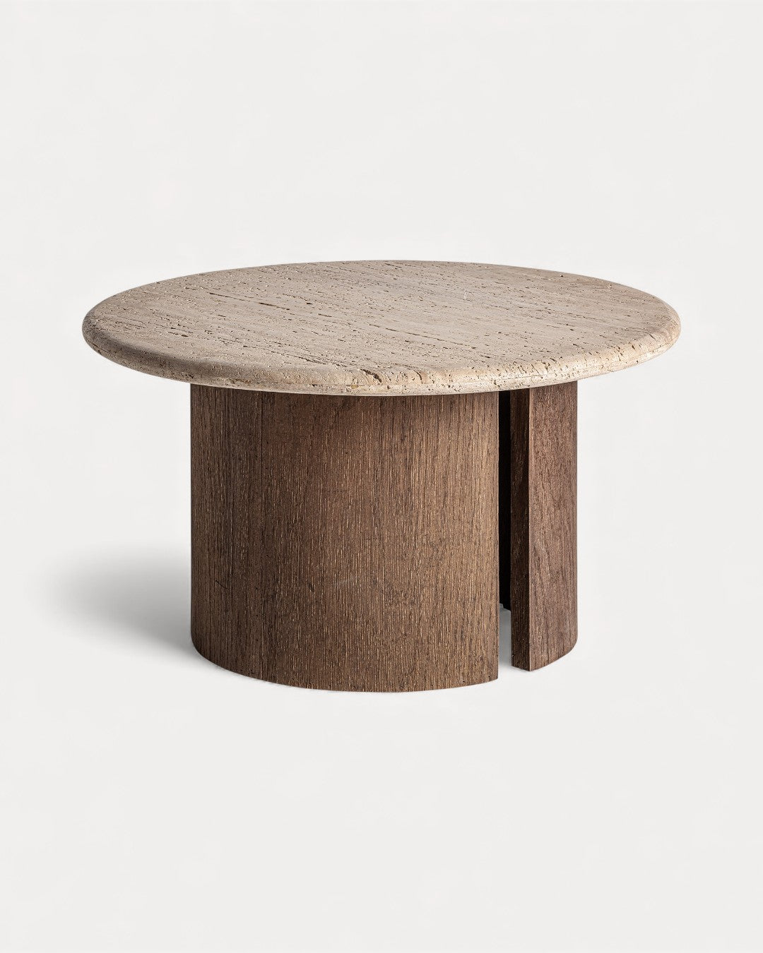 Tavolino Ordit in legno naturale e pietra travertino crema, Ø80 cm