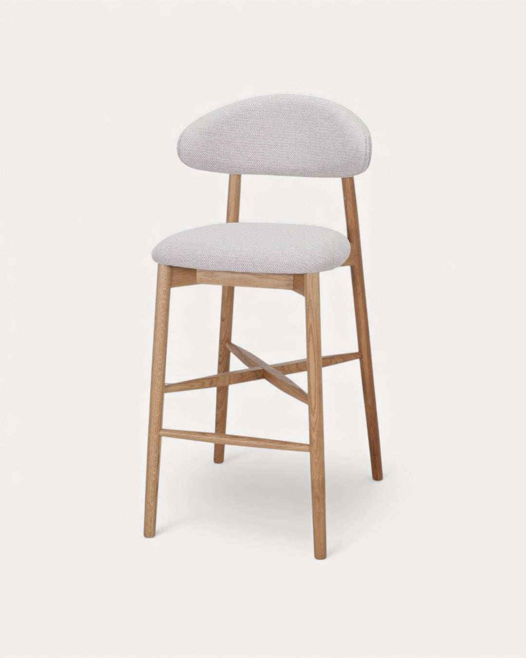 Banco alto Norvik em madeira de carvalho, com assento e encosto estofado, 50×57×104 cm