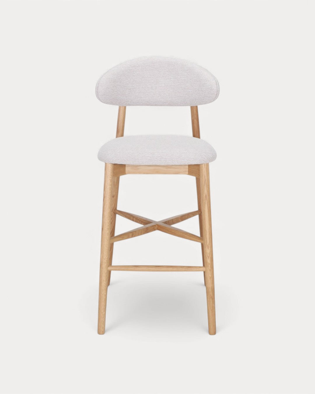 Banco alto Norvik em madeira de carvalho, com assento e encosto estofado, 50×57×104 cm