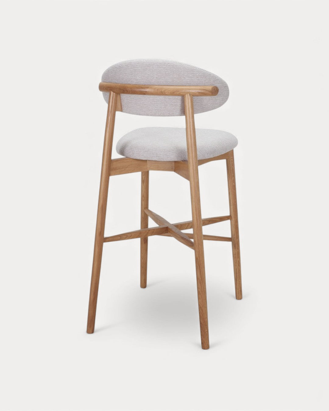 Banco alto Norvik em madeira de carvalho, com assento e encosto estofado, 50×57×104 cm