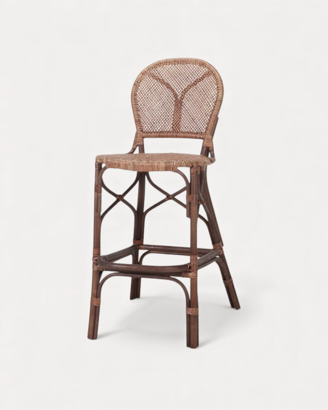 Banco alto Etrel em rattan natural entrançado, 49×59×116 cm