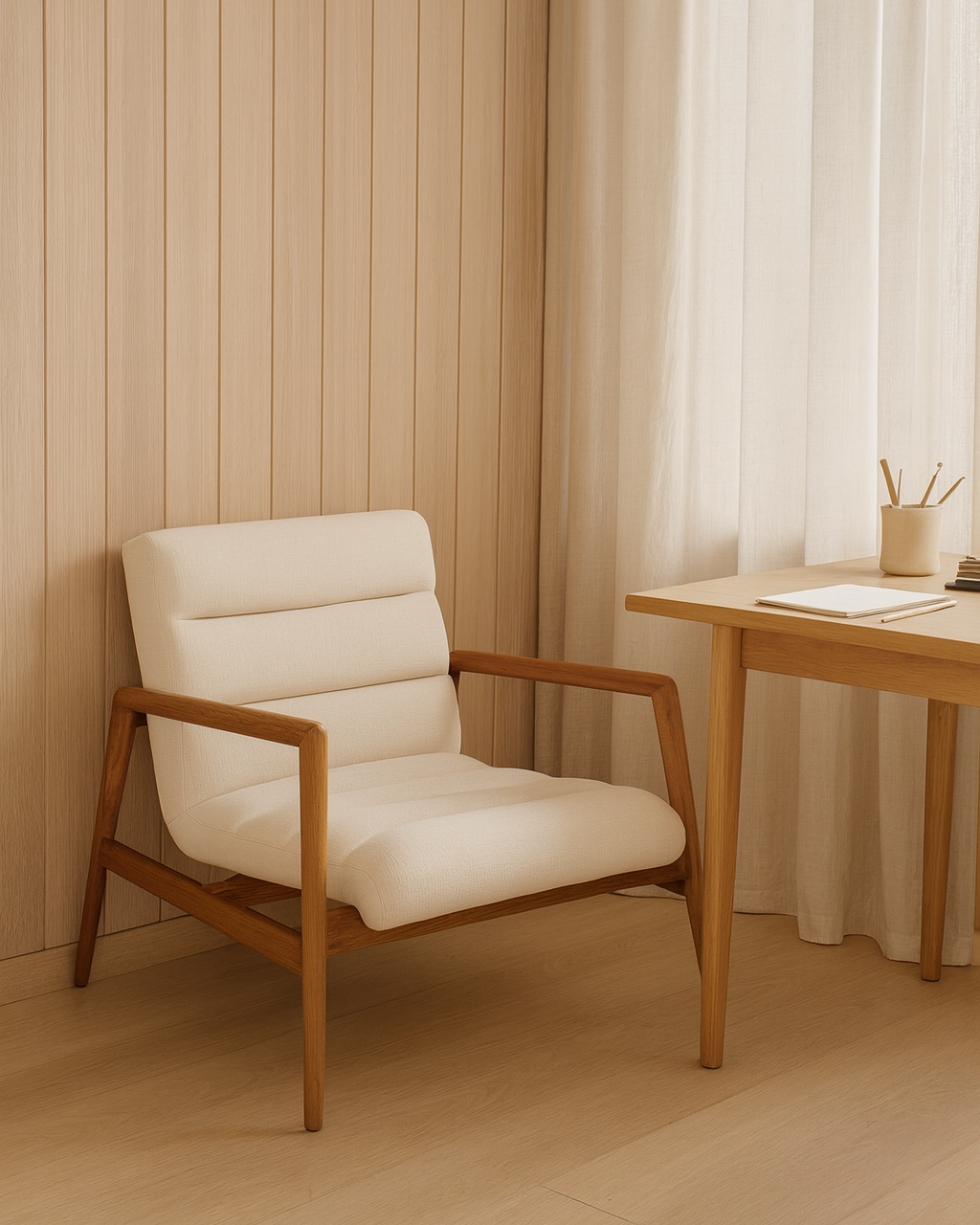 Braga armchair in teak wood and fabric, 79 × 56 × 76 cm